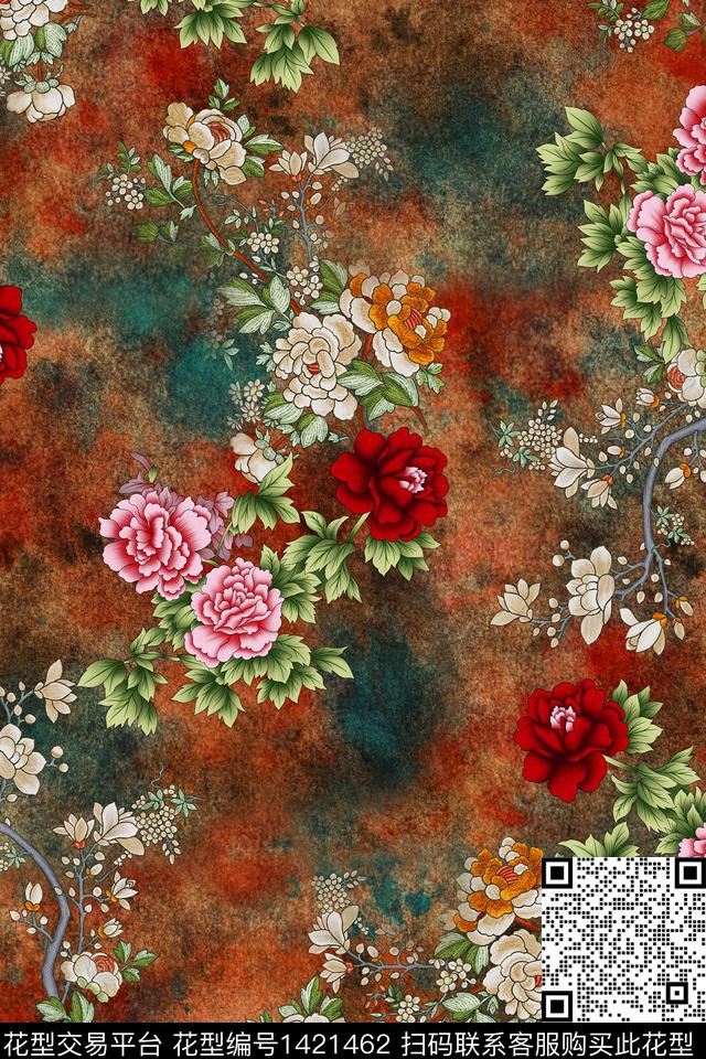花卉香云纱牡丹数码印花华亿平台下载（图片编号: 1421462） - 瓦栏（Walan）