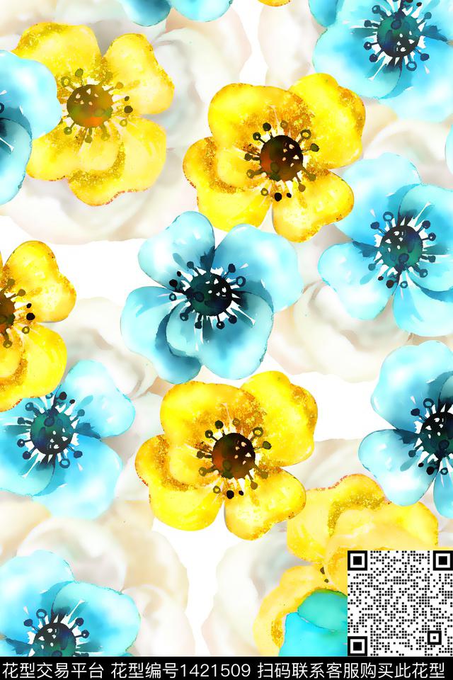 数码华亿平台满版散花水彩花卉数码印花华亿平台下载（图片编号: 1421509） - 瓦栏（Walan）