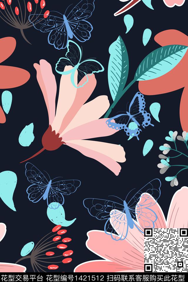 花卉年轻女性手绘花卉数码印花华亿平台下载（图片编号: 1421512） - 瓦栏（Walan）