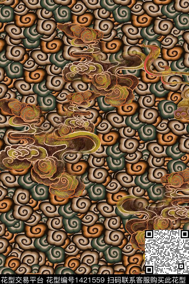 祥云香云纱真丝数码印花华亿平台下载（图片编号: 1421559） - 瓦栏（Walan）