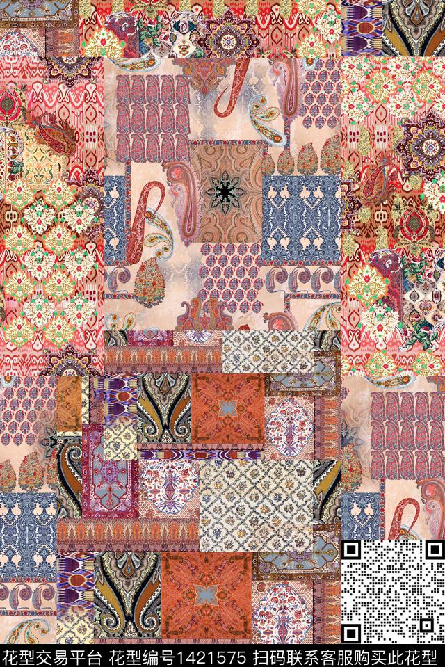 佩斯利民族风混合拼接数码印花华亿平台下载（图片编号: 1421575） - 瓦栏（Walan）