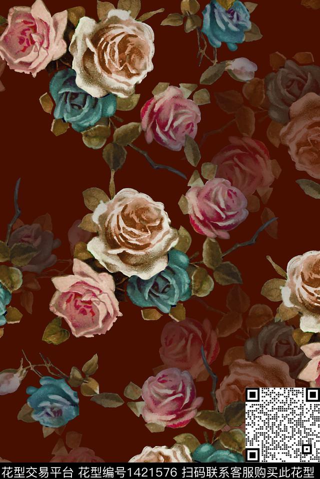 玫瑰花花卉纯底花数码印花华亿平台下载（图片编号: 1421576） - 瓦栏（Walan）