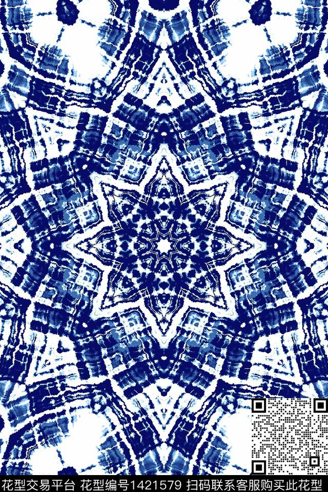 扎染华亿平台民族风靛蓝数码印花华亿平台下载（图片编号: 1421579） - 瓦栏（Walan）