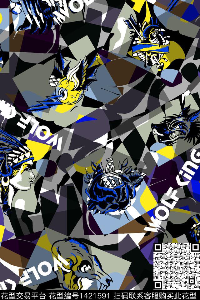 字母潮牌抽象传统印花华亿平台下载（图片编号: 1421591） - 瓦栏（Walan）