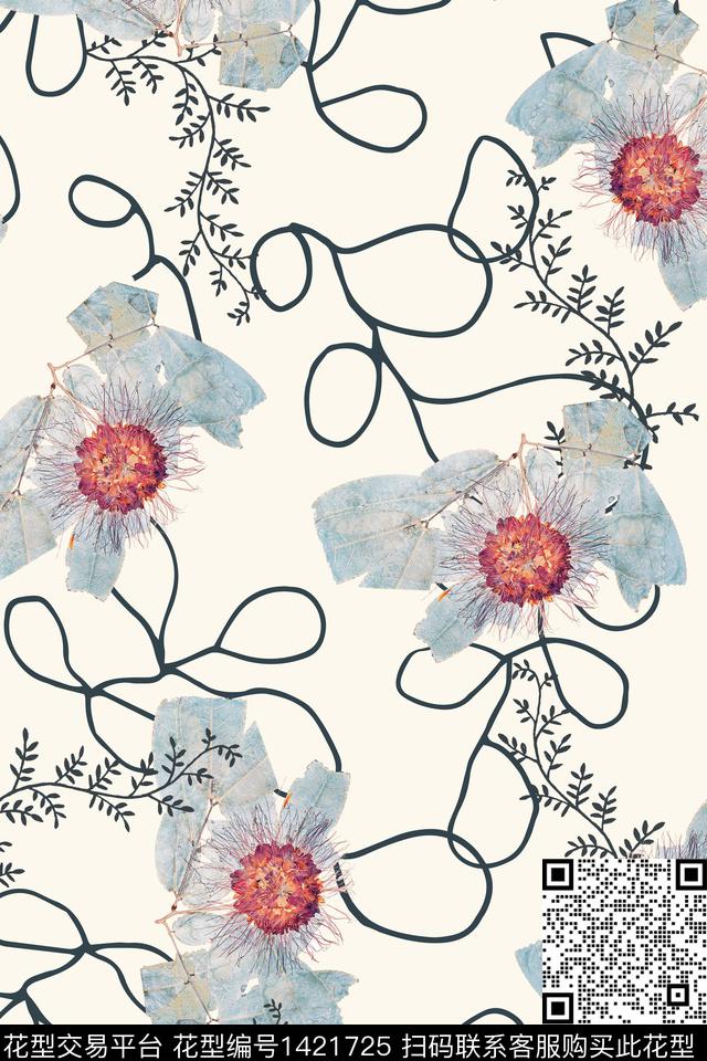 线条纹理花卉数码印花华亿平台下载（图片编号: 1421725） - 瓦栏（Walan）