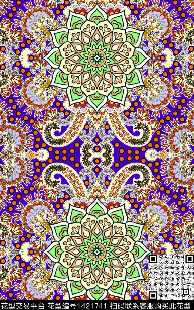 民族风满版散花抽象数码印花华亿平台下载（图片编号: 1421741） - 瓦栏（Walan）