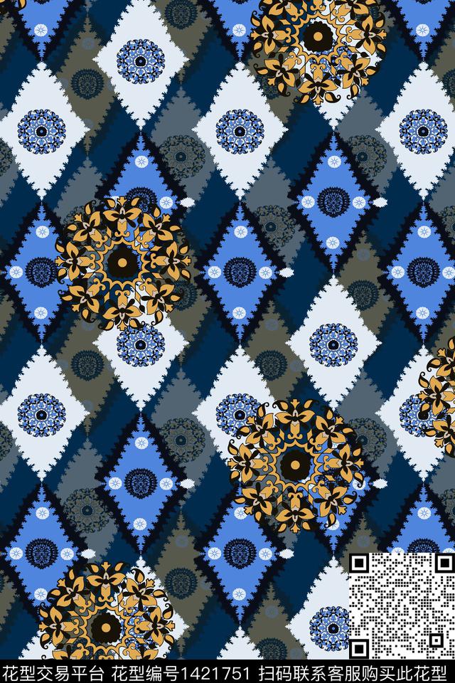 几何定位大牌风传统纹样数码印花华亿平台下载（图片编号: 1421751） - 瓦栏（Walan）