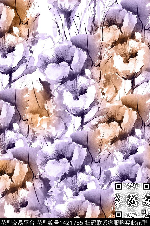 清爽底花卉大牌风大花数码印花华亿平台下载（图片编号: 1421755） - 瓦栏（Walan）