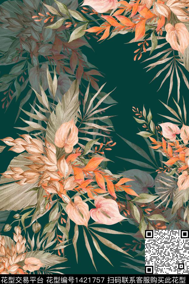 绿植树叶清爽底花卉大牌风数码印花华亿平台下载（图片编号: 1421757） - 瓦栏（Walan）