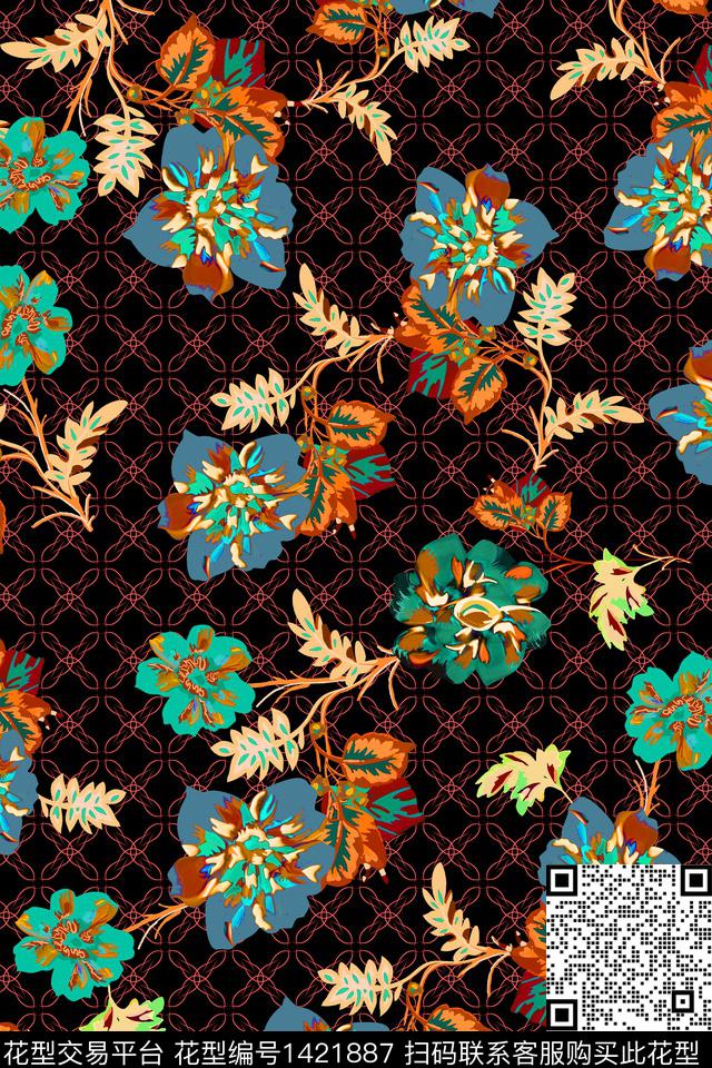 几何民族风花卉数码印花华亿平台下载（图片编号: 1421887） - 瓦栏（Walan）