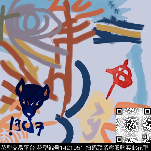 涂鸦抽象大牌风数码印花华亿平台下载（图片编号: 1421951） - 瓦栏（Walan）