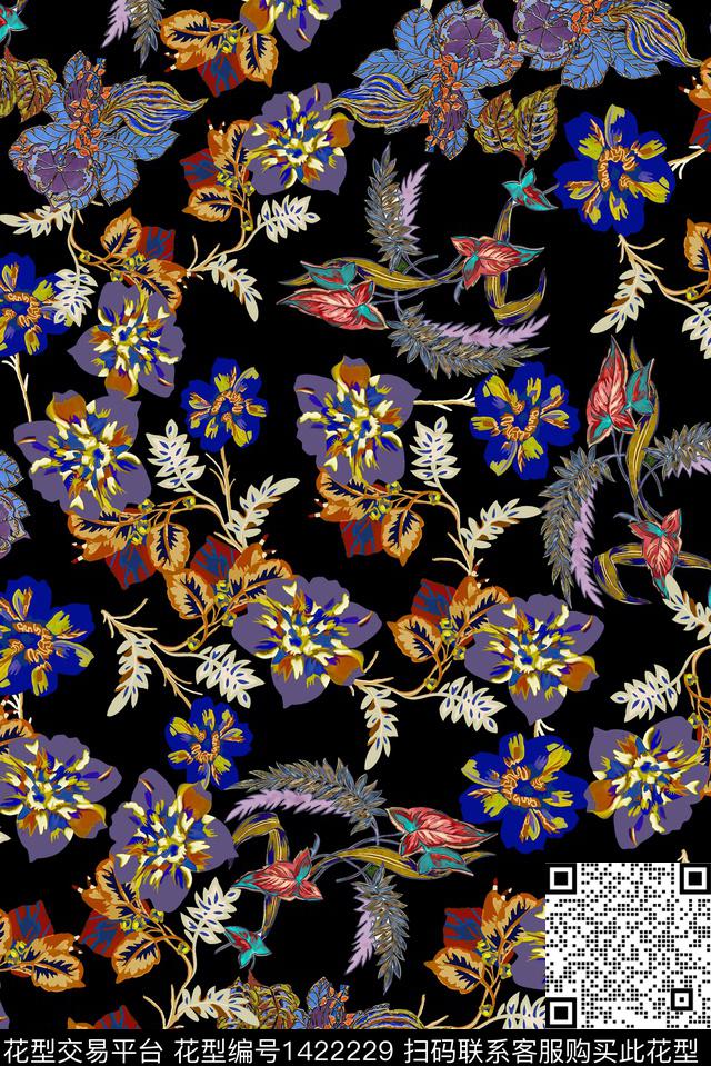 花卉满版散花中老年华亿平台数码印花华亿平台下载（图片编号: 1422229） - 瓦栏（Walan）