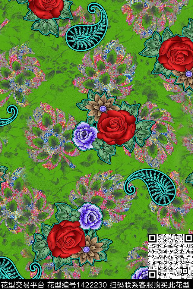 玫瑰花佩斯利花卉底纹数码印花华亿平台下载（图片编号: 1422230） - 瓦栏（Walan）