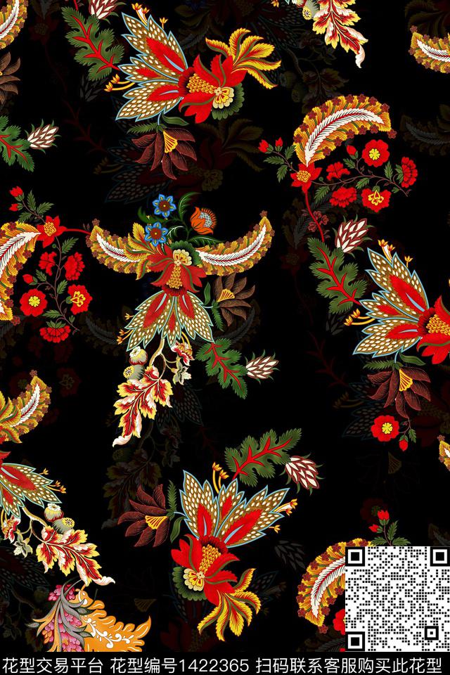 民族风花卉大牌风数码印花华亿平台下载（图片编号: 1422365） - 瓦栏（Walan）