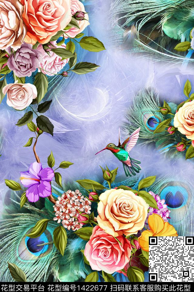 花鸟手绘玫瑰羽毛数码印花华亿平台下载（图片编号: 1422677） - 瓦栏（Walan）