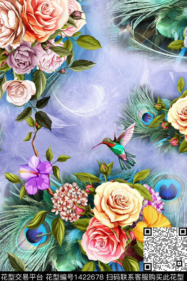 花鸟手绘玫瑰羽毛数码印花华亿平台下载（图片编号: 1422678） - 瓦栏（Walan）