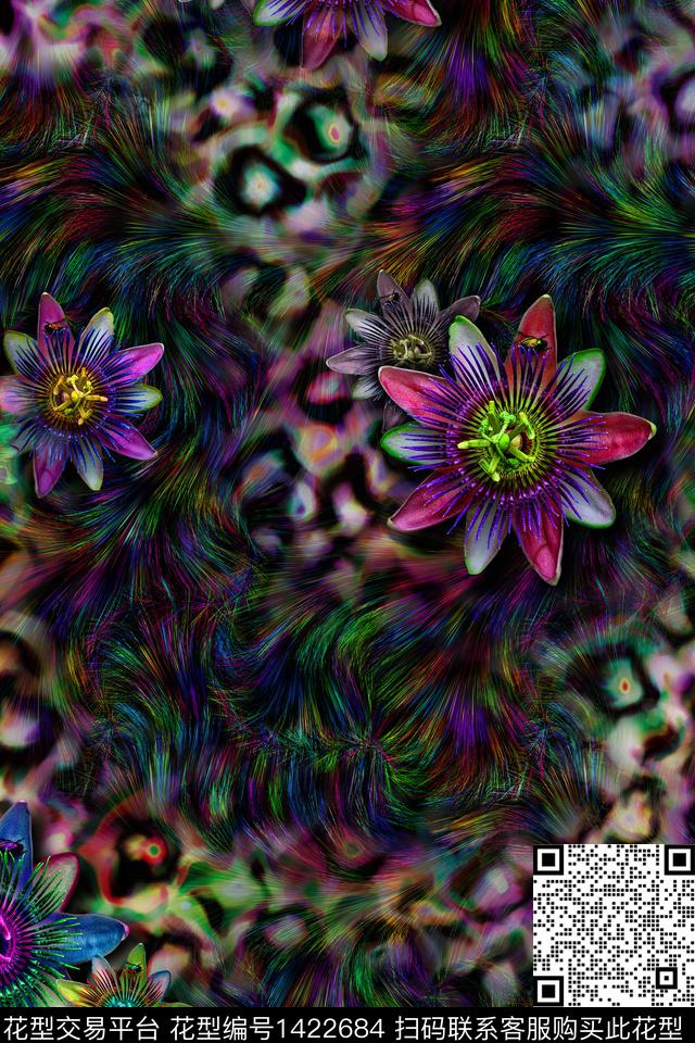 豹纹动物纹手绘花卉数码印花华亿平台下载（图片编号: 1422684） - 瓦栏（Walan）