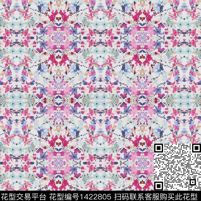 丝巾定位花撞色彩底花卉数码印花华亿平台下载（图片编号: 1422805） - 瓦栏（Walan）