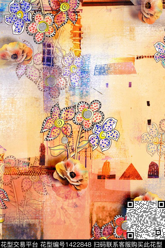 几何抽象花卉民族风数码印花华亿平台下载（图片编号: 1422848） - 瓦栏（Walan）