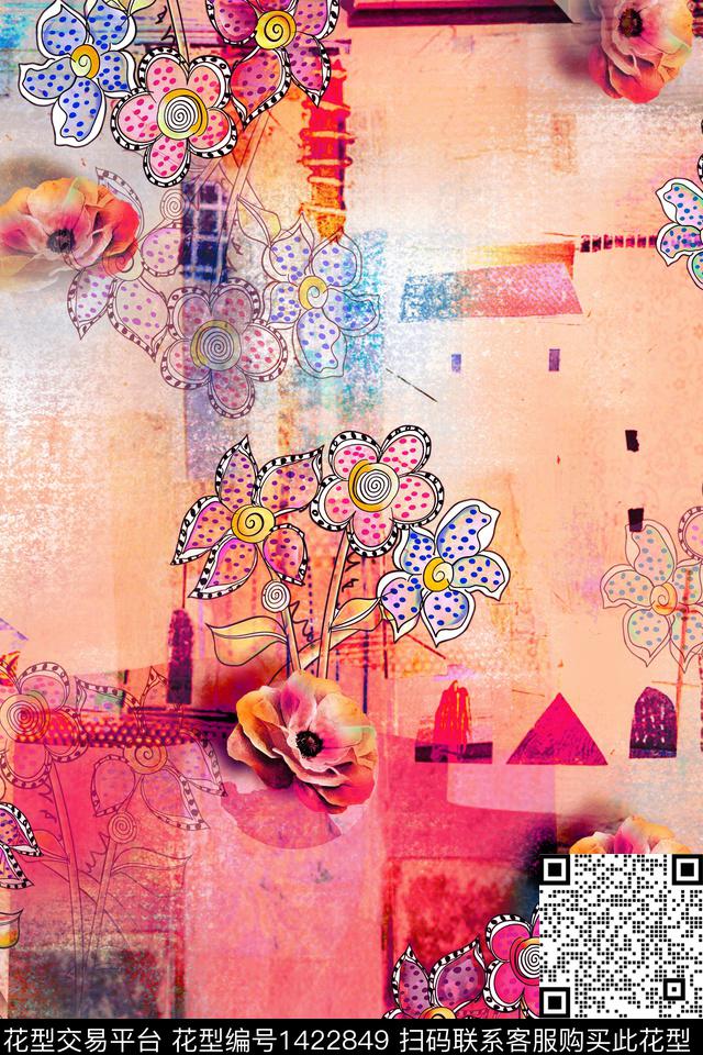 几何抽象花卉民族风数码印花华亿平台下载（图片编号: 1422849） - 瓦栏（Walan）