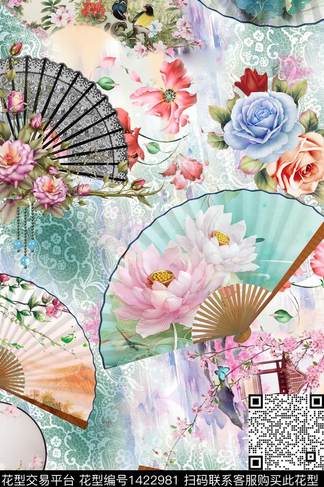 大花古风扇子中国风数码印花华亿平台下载（图片编号: 1422981） - 瓦栏（Walan）