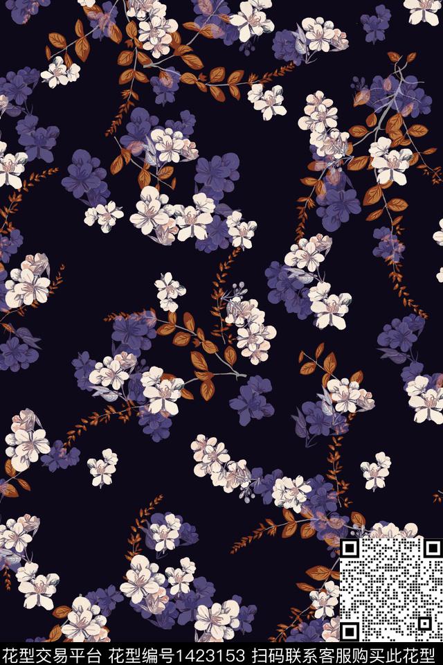 黑底花卉树枝花卉数码印花华亿平台下载（图片编号: 1423153） - 瓦栏（Walan）