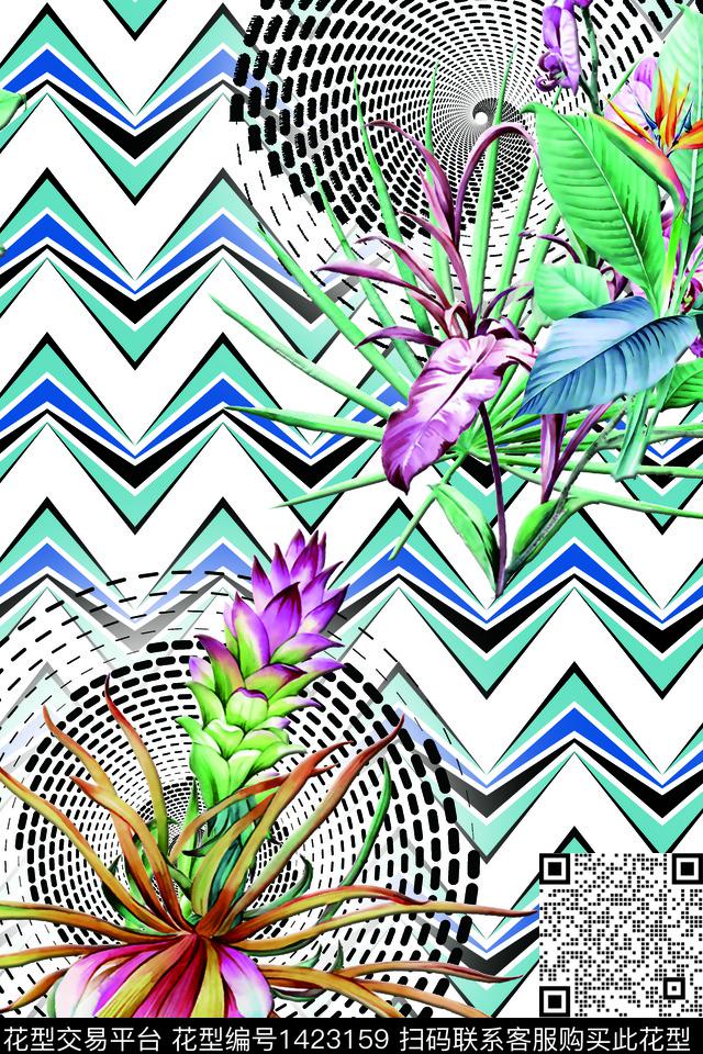 几何波浪纹花卉数码印花华亿平台下载（图片编号: 1423159） - 瓦栏（Walan）