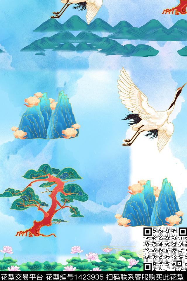 荷花仙鹤中国风数码印花华亿平台下载（图片编号: 1423935） - 瓦栏（Walan）