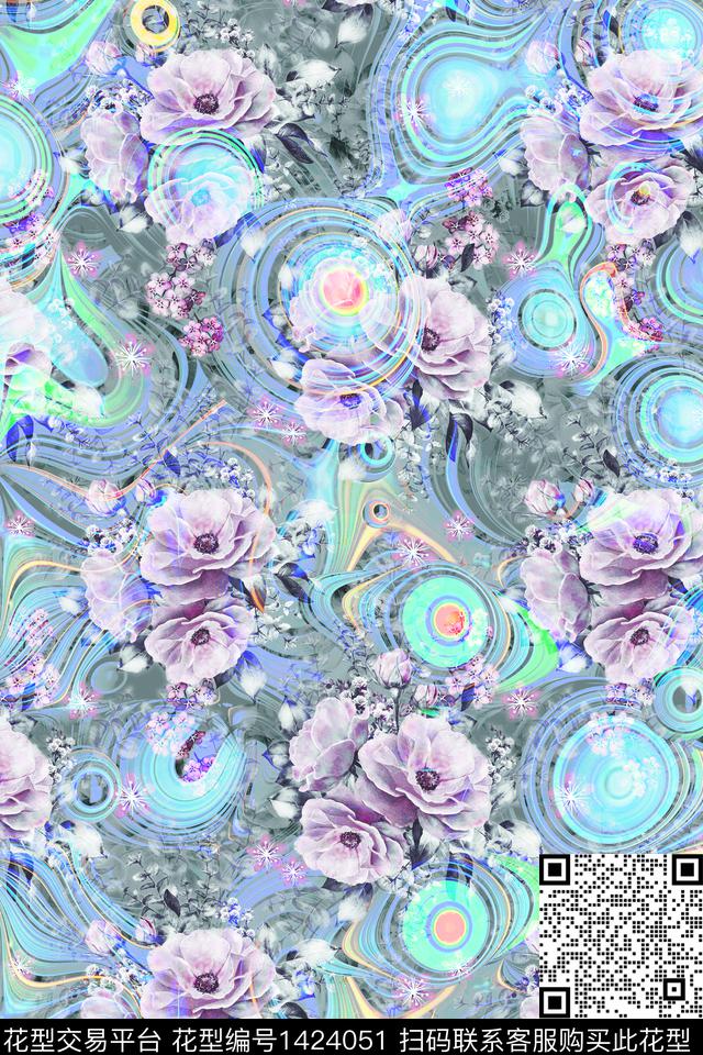 炫彩花卉朦胧花卉数码印花华亿平台下载（图片编号: 1424051） - 瓦栏（Walan）