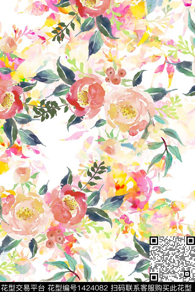 花卉小清新真丝数码印花华亿平台下载（图片编号: 1424082） - 瓦栏（Walan）