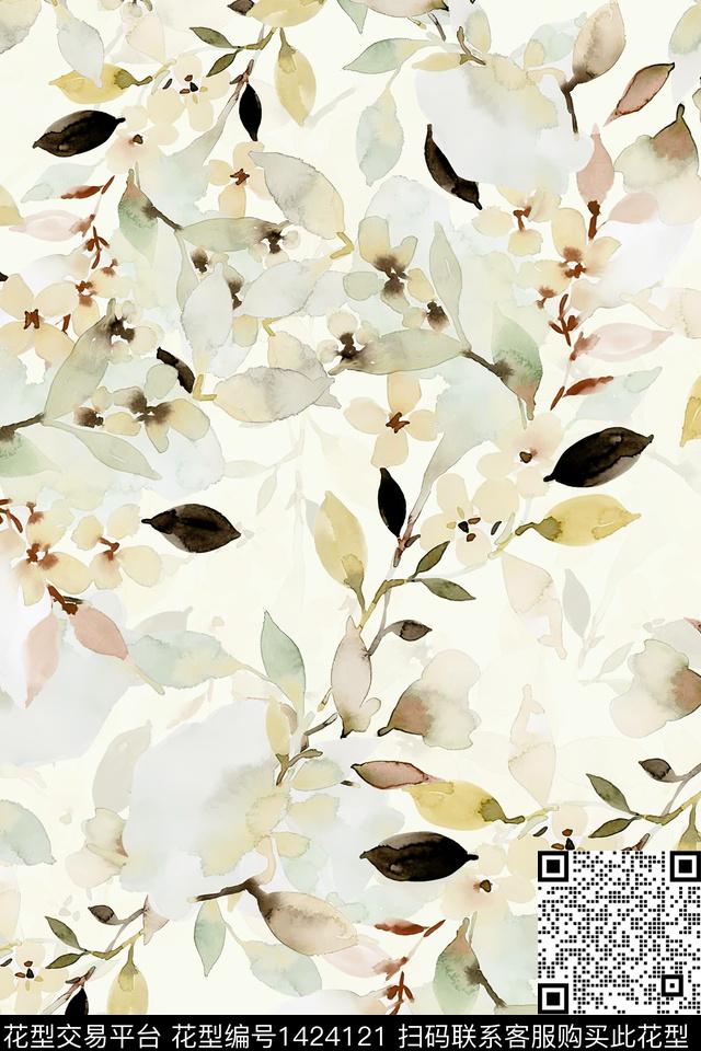 水彩绿植树叶扎染华亿平台数码印花华亿平台下载（图片编号: 1424121） - 瓦栏（Walan）