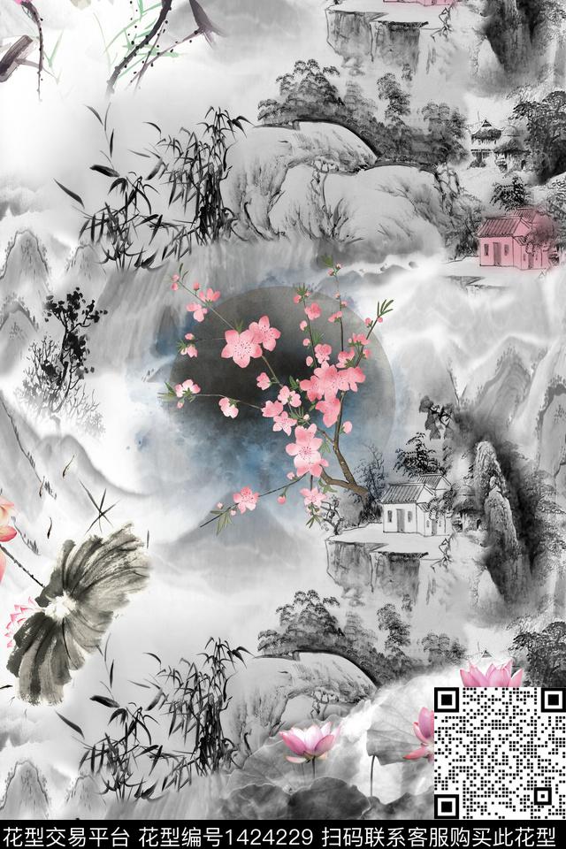 水墨风荷花古风山水数码印花华亿平台下载（图片编号: 1424229） - 瓦栏（Walan）