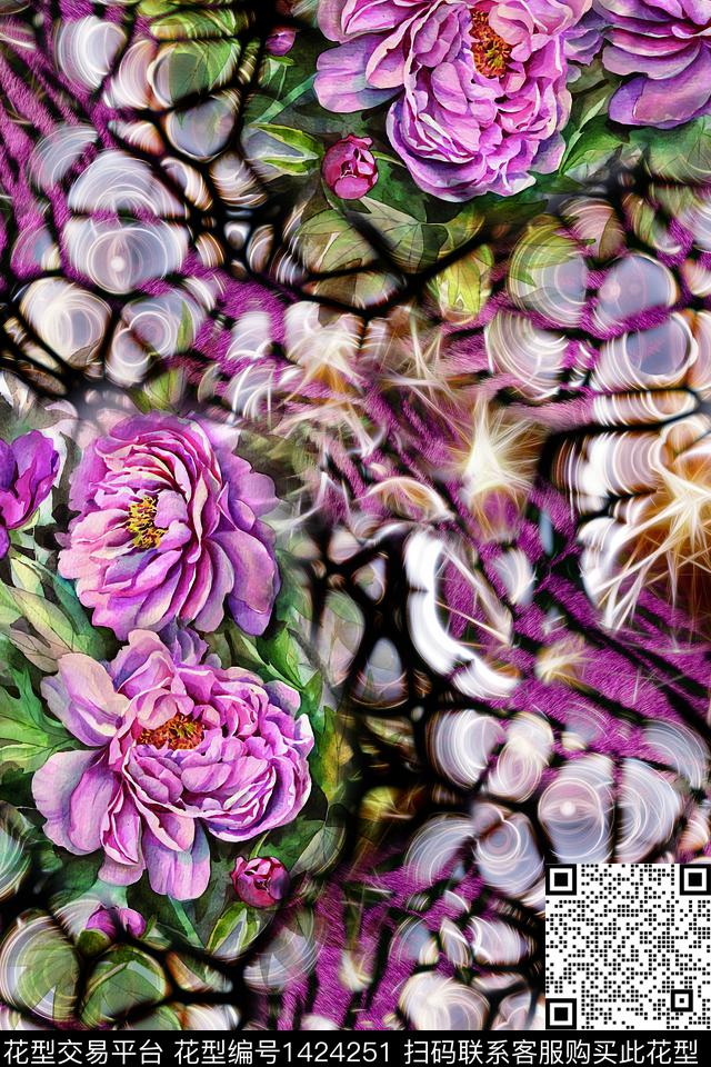 纹理动物纹手绘大花数码印花华亿平台下载（图片编号: 1424251） - 瓦栏（Walan）