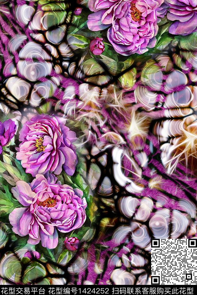 纹理动物纹手绘大花数码印花华亿平台下载（图片编号: 1424252） - 瓦栏（Walan）