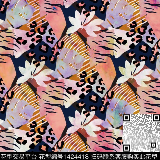 几何抽象花卉豹纹数码印花华亿平台下载（图片编号: 1424418） - 瓦栏（Walan）