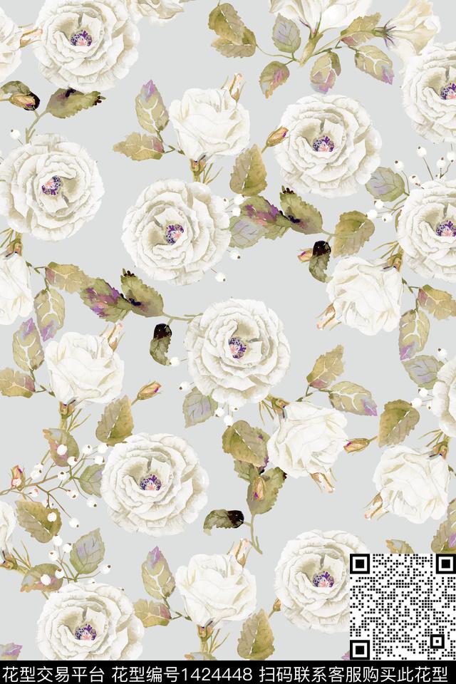 玫瑰花花卉大牌风数码印花华亿平台下载（图片编号: 1424448） - 瓦栏（Walan）