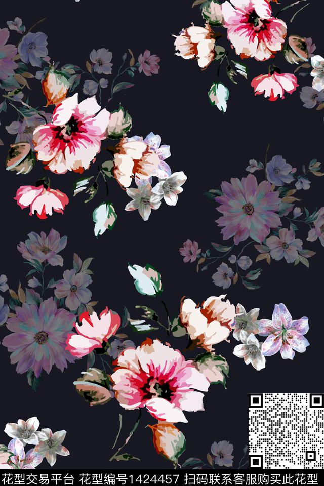 复古花卉真丝数码印花华亿平台下载（图片编号: 1424457） - 瓦栏（Walan）