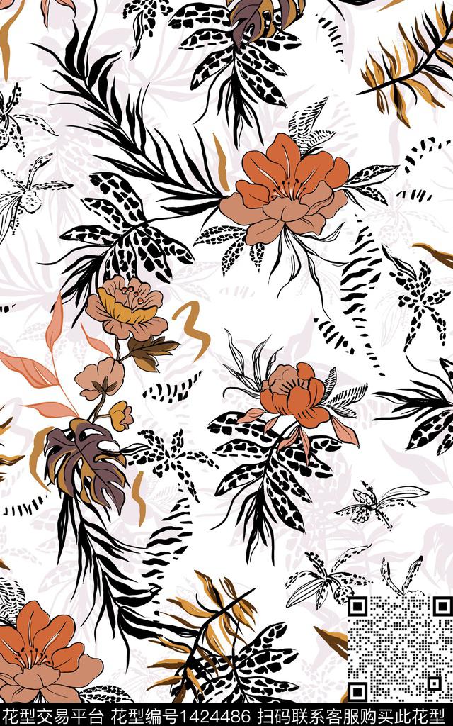 手绘花卉抽象年轻女性传统印花华亿平台下载（图片编号: 1424486） - 瓦栏（Walan）