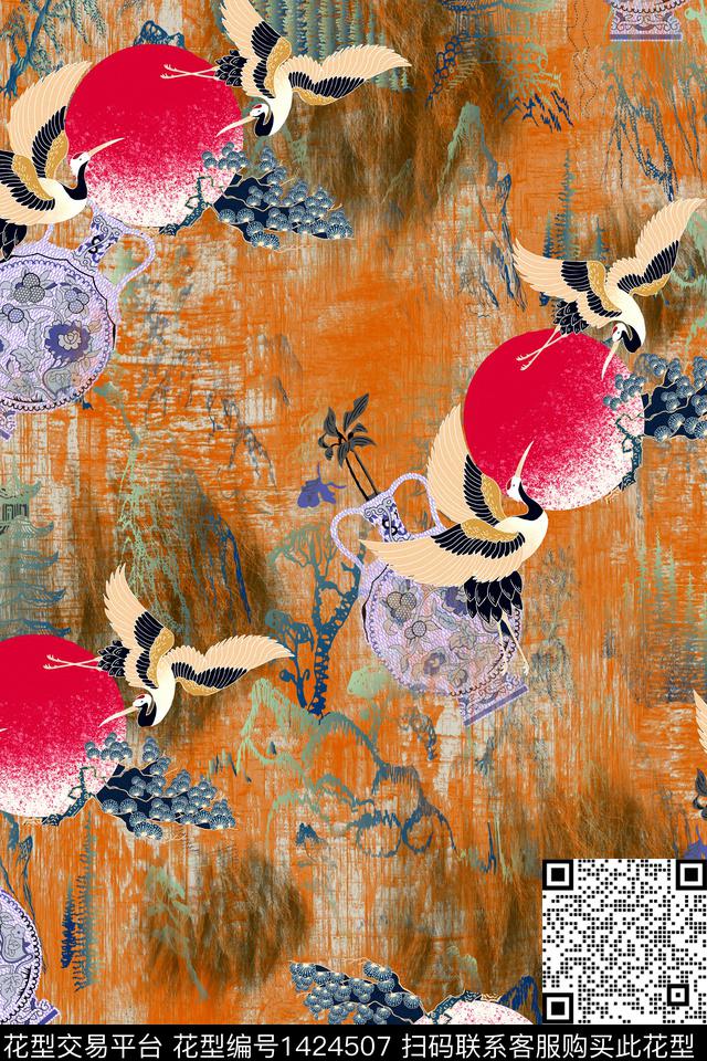 几何复古花卉数码印花华亿平台下载（图片编号: 1424507） - 瓦栏（Walan）