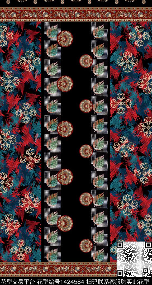 几何定位花民族风数码印花华亿平台下载（图片编号: 1424584） - 瓦栏（Walan）