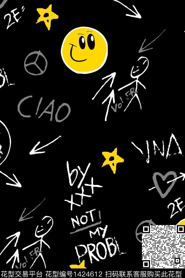 涂鸦笑脸字母传统印花华亿平台下载（图片编号: 1424612） - 瓦栏（Walan）