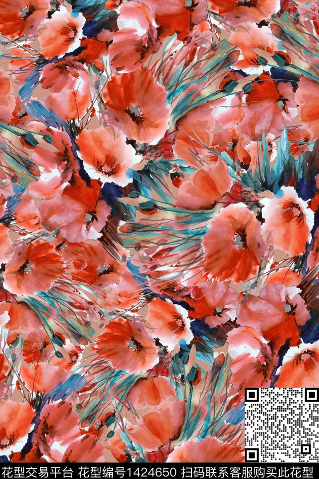 抽象水彩花卉满版散花数码印花华亿平台下载（图片编号: 1424650） - 瓦栏（Walan）