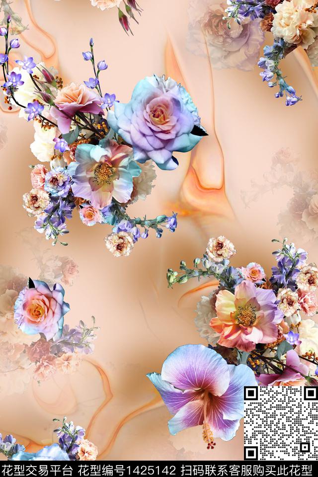 花卉旗袍香云纱数码印花华亿平台下载（图片编号: 1425142） - 瓦栏（Walan）