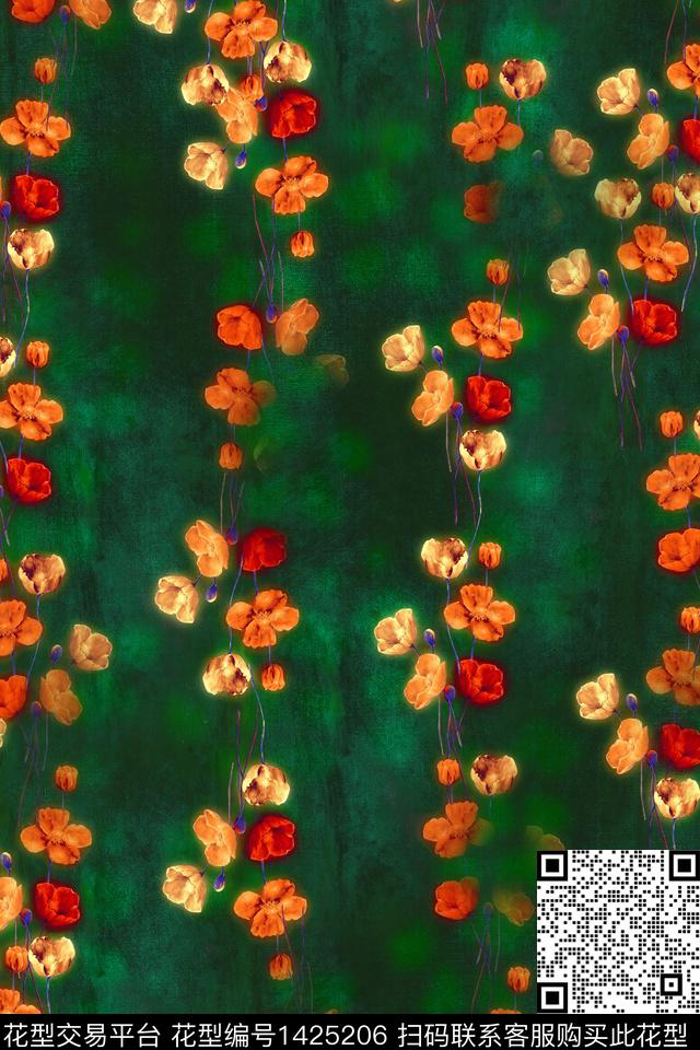 数码华亿平台简约手绘花卉数码印花华亿平台下载（图片编号: 1425206） - 瓦栏（Walan）