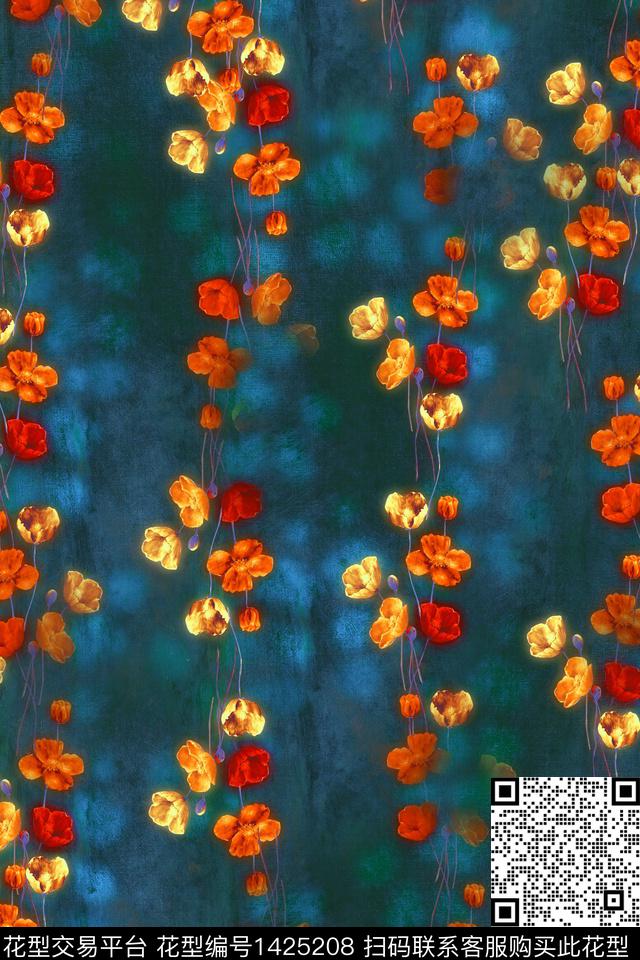 数码华亿平台简约手绘花卉数码印花华亿平台下载（图片编号: 1425208） - 瓦栏（Walan）