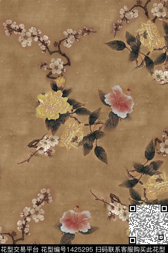 花卉旗袍香云纱数码印花华亿平台下载（图片编号: 1425295） - 瓦栏（Walan）