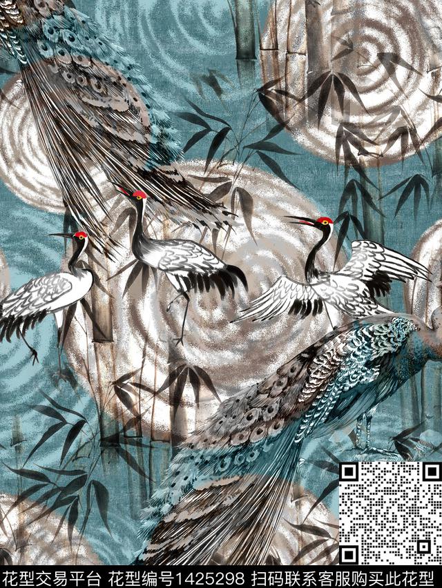 仙鹤孔雀香云纱数码印花华亿平台下载（图片编号: 1425298） - 瓦栏（Walan）