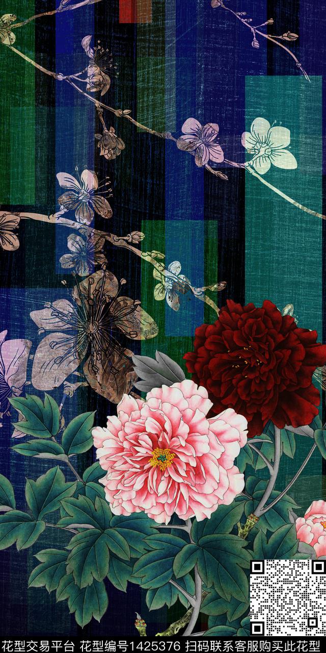 几何花卉牡丹数码印花华亿平台下载（图片编号: 1425376） - 瓦栏（Walan）