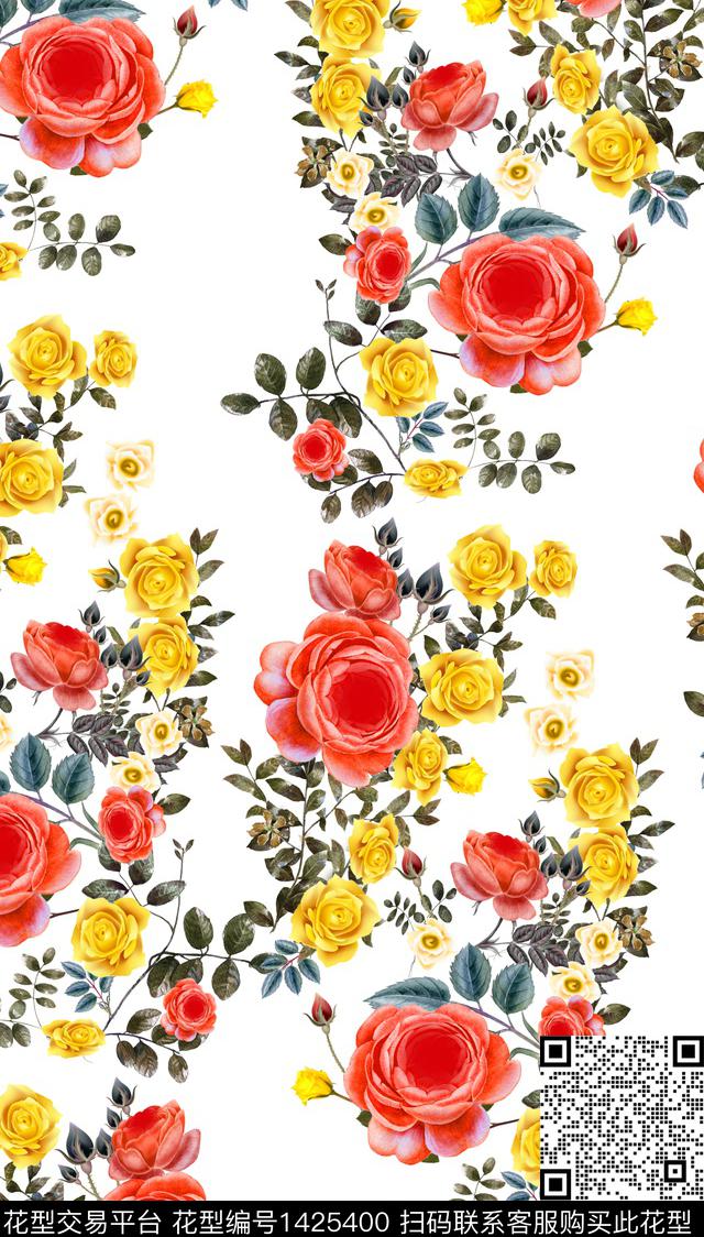花卉玫瑰花白底花数码印花华亿平台下载（图片编号: 1425400） - 瓦栏（Walan）