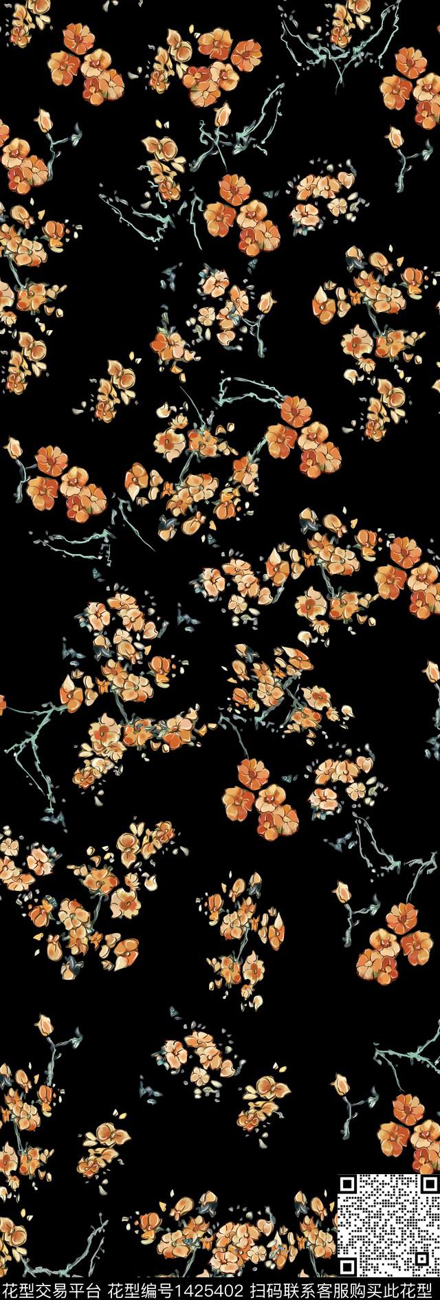 花卉抽象黑底花卉数码印花华亿平台下载（图片编号: 1425402） - 瓦栏（Walan）